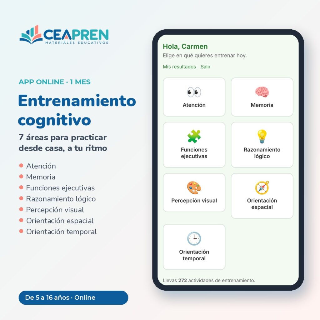 App de entrenamiento cognitivo CEAPREN: menú con las 7 áreas en un móvil, 1 mes de acceso