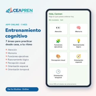 App de entrenamiento cognitivo CEAPREN: menú con las 7 áreas en un móvil, 1 mes de acceso