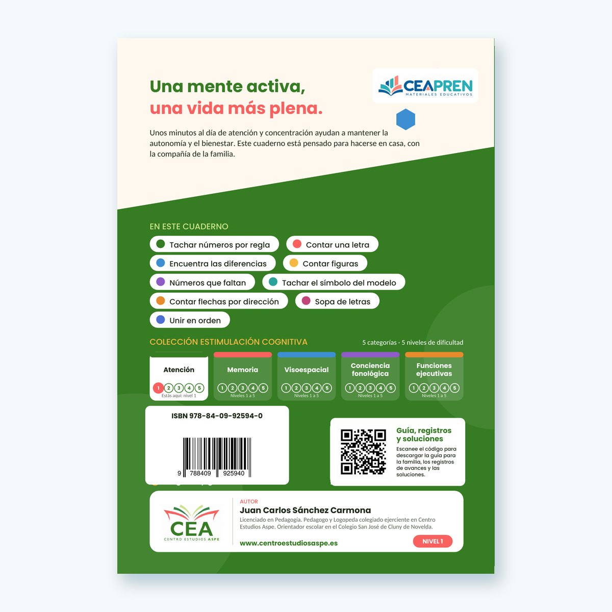 Contraportada del Cuaderno de Atención Nivel 1 con las actividades incluidas y el ISBN