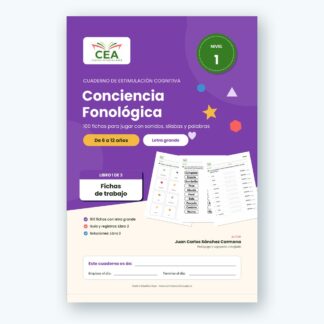 Portada del Cuaderno de Conciencia Fonológica Nivel 1, 100 fichas para niños y niñas de 6 a 12 años, CEAPREN