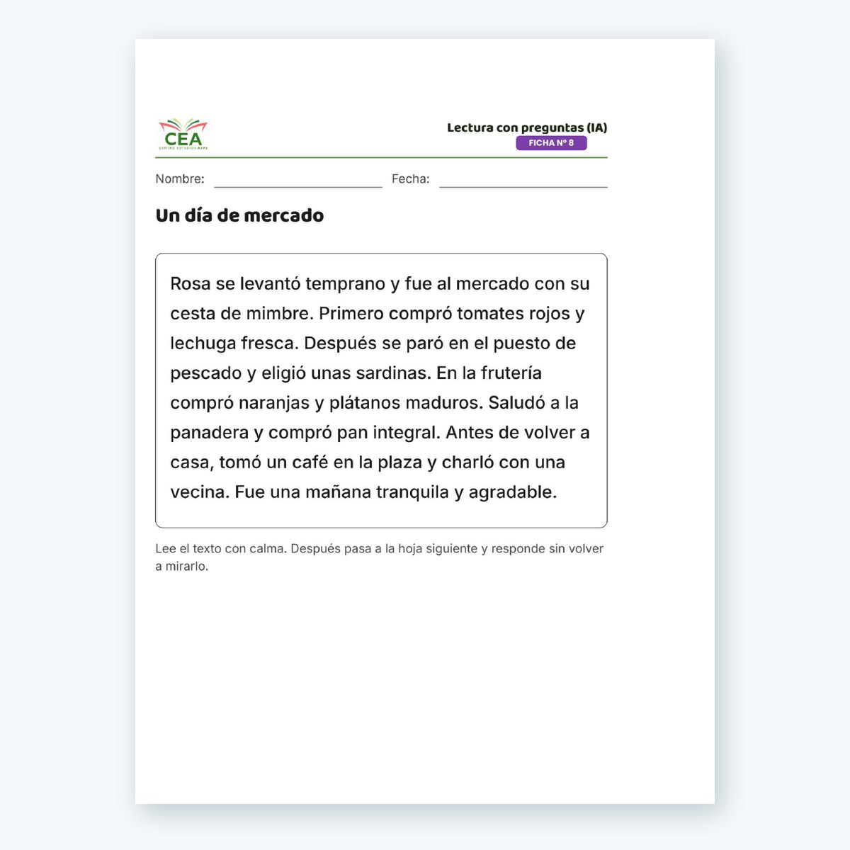 Ficha de ejemplo: lectura con preguntas de comprensión