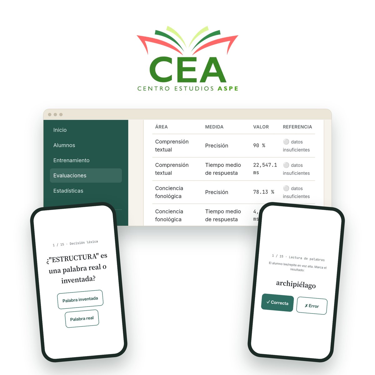 Plataforma DIS+LEC mostrada en ordenador y móvil con el informe y dos pruebas de lectura